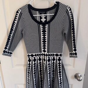 Nina Leonard Black and White Geometric Mini Sweater Dress